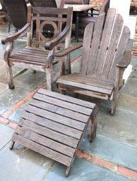Two Teak Outdoor Chairs With Adirondack Style Chair, Ottoman And Comfortable Armchair