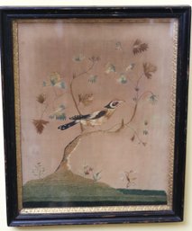 Fine Antique Needlework Embroidered On Silk Of A Bird Nesting On A Tree Branch In Rustic Frame