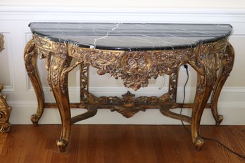 Carved And Gilded Wood Demilune Luis XV Style Console With Black/ White Marble  Top.