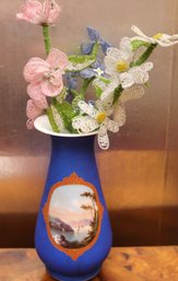 Antique Cobalt Blue Vase With Hand Painted Japanese Scene Of River - 12 1/2 Inch Tall - Matte Finish-Unsign