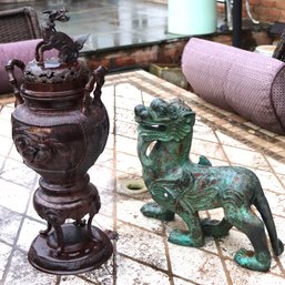 Bronze Toned Metal Vase On Stand With Dragon Lid And Bronze Mythical Lion