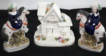 Antique Victorian Staffordshire Figures On Horseback And House Ornament