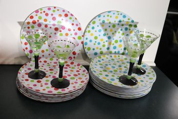 Melamine Plastic Plates With Polka Dot Patterns, Great For Outdoors Includes 4 Hand Painted Martini Glasses