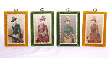 Set Of 4 Victorian Style Portrait Print Wall Plaques Lined In A Velvet Border, Great For Home Decor