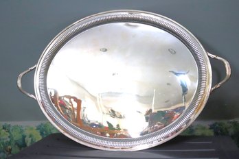 Regency Style Silver Plated Oval Tray With Handles & Classical Border With Ridges