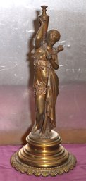 Antique Bronze Figural Lamp Of Nouveau Woman - Nice Brass Detailing On Base - Lamp Needs Rewiring