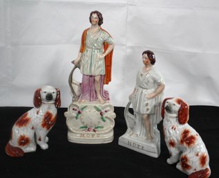 Four Staffordshire Figurines Ca. 1850, With Miniature Spaniels And 2 Hope  Figurines