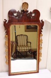 Antique 18 Th Century Mahogany Chippendale Style Wall Mirror With Gilded Floret Accent