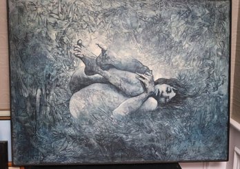 Large Painting Of Nude Woman Laying Down In Shades Of Blue