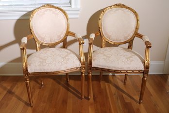 Pair Of Louis XV Style French Armchairs With Gold Frames And Light Beige Damask