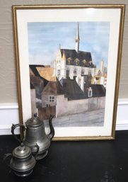 Watercolor Of Belgian Town Signed Marie Cook & Pewter Teapot & Sugar