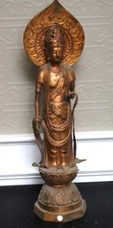 Graceful Chinese Statue Of Goddess With Halo In Gilt Metal