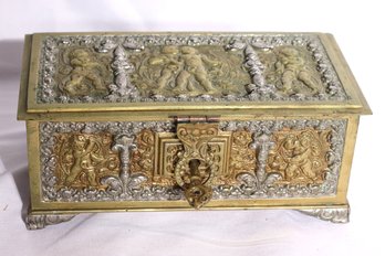 Heavy Brass Trinket Box Decor Made In Spain With Embossed Cherub Characters