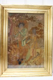 Antique Hand Painted And Embroidery On Silk Portrait In A Gold Toned Finished Frame