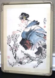 Watercolor Painting Of Beautiful Chinese Woman Picking Cherry Blossoms In Modern Asian Style Frame