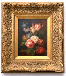 Floral Oil On Canvas Painting In A Beautiful Chunky Gold Frame. Signed On The Bottom.