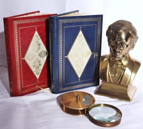 Bailey Banks, Biddle Brass Bust Of Lincoln, Brass Calendar Dial/ Magnifying Glass, Blank Leather Bound Books