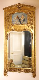 Gold Trumeau Mirror With Neoclassical Painted Panel Of Maiden And Cherub Atop  A Cloud.