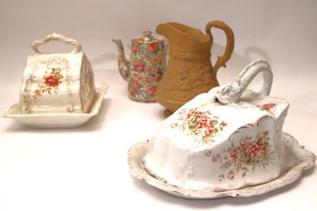 Antique Hand Painted Porcelain Cheese Dishes, Pitcher By W. Ridgway Hanley & Co & Grimwades Royal Winton