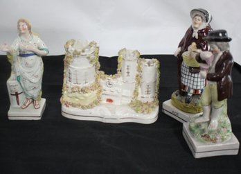 Lot Of 4 Antique Staffordshire Figurines With Young Boy, Young Woman, Shield Of  Faith And More