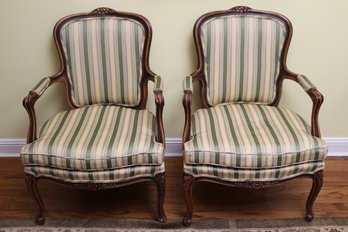 Pair Of Fine Carved Vintage French Bergere Chairs With Custom Striped Fabric, Neutral Tones In Very Good Clean