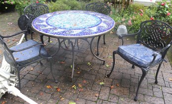 Stunning Round Outdoor Cast Aluminum Mosaic Tile/cement Table With Bright Cobalt Blue And Turquoise Tones