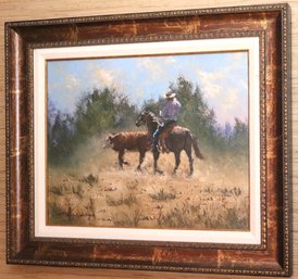 Graeme Hagan Signed Western Scene Painting Of A Man On Horse In A Rustic Copper Finished Frame