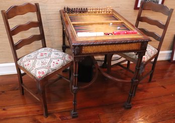 Maitland Smith Carved Wood Chess And Backgammon Game Table With Leather Accents Includes Ladder Back Chairs