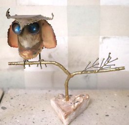 C. Jere 67 Signed Owl On Branch Sculpture With Blue Enamel Eyes