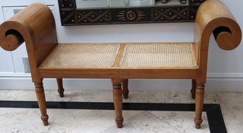 Vintage Empire Style Scrolled Arm Pegged Wood Bench With Cane Seating