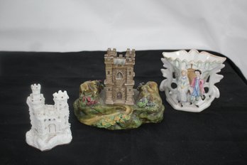 Lot Of Three Victorian Era Staffordshire Figurines, With Two Castles And Lovers.