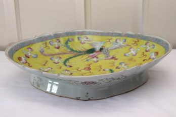 Antique Hand Painted Chinese Canton Enamel Yellow Ground Dish Signed On The Bottom