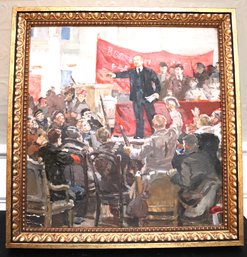 Russian Painting On Board Of Lenin Giving Revolutionary Speech Signed B. Cepob / Vladimir Serov.