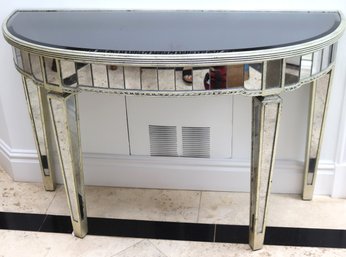 Elegant Silver Mirrored Demilune Console With Smoke Glass Top