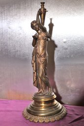 Antique Bronze Figural Lamp Of Nouveau Woman -