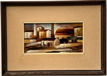 Small Midcentury Original Oil On Board Industrial Landscape Signed By The Artist.