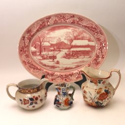 Vintage Johnson Bros England Historic America Thanksgiving Transferware Platter And Hand Painted Pitchers.