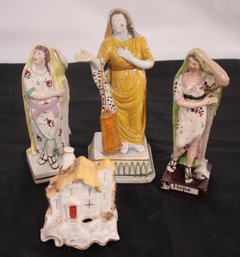 Lot Of 19th Century Staffordshire Figurines With 3 Women Depicting Hope And Small  House Ornament