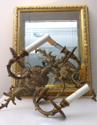 Pair Of Brass Electrified Wall Sconces, And Italian Creations Wall Display Cabinet