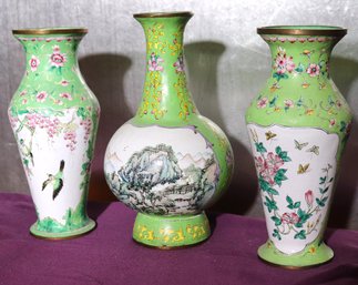 Three Hand Painted Asian Cloisonne Vases