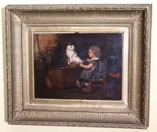 Vintage/Antique Painting On Board Of A Little Girl Eating With Her Cat Friends In An Antique Wood Frame