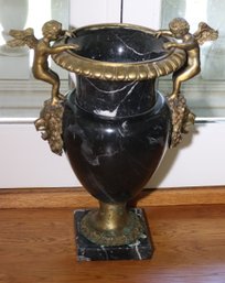 Elegant Black Marble Urn With Angels And Lions Heads