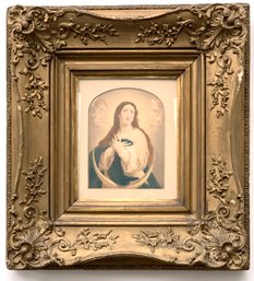 Antique Watercolor Painting Of The Virgin Mary With A Crescent Moon And Cherubs.