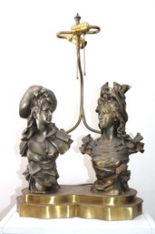 Signed Antique Brass Lamp With 2 Beautiful Victorian Ladies With Bows And Fancy Hats