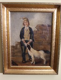 Antique 1800s Oil On Canvas Portrait Painting Of Man With His Dog Signed And Dated By The Artist In The Lower