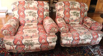 Pair Of Cozy And Comfortable Arm Chairs Upholstered In A Traditional English Style Fabric