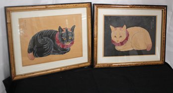 Hiraoki Takahashi Black Cat And White Cat Woodcut Prints In Bamboo Frames