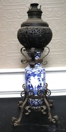 Antique Oil Lamp With Blue & White Porcelain Interior Featuring Chinese Designs