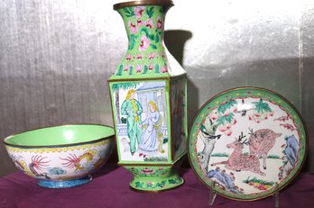 Three Pieces Of Hand Painted Cloisonne, Includes Bowl, Tall Vase And Plate-Hand Painted Pieces