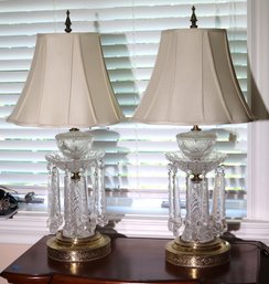 Pair Of Antique Style Cut Glass Luster Lamps With 8 Long Crystals.